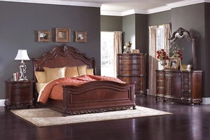 BEAUTIFUL 4 PC BURL INLAY CHERRY QUEEN SLEIGH BED DRESSER MIRROR FURNITURE SET - Picture 1 of 12