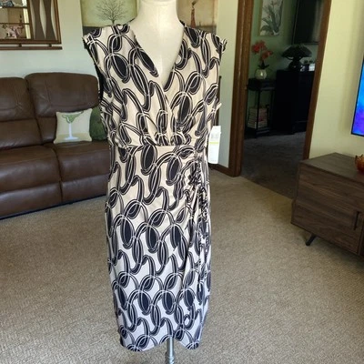 LONDON TIMES Dress 14 Tan/Black Print Ruched Pull On Sleeveless - Image 1 of 4