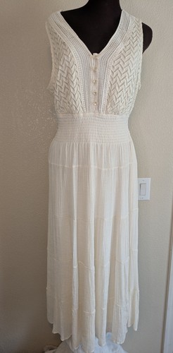 OFF WHITE Maxi abito J. Gee Off White boho corpetto all'uncinetto ecrù smock a strati pieghe 2X