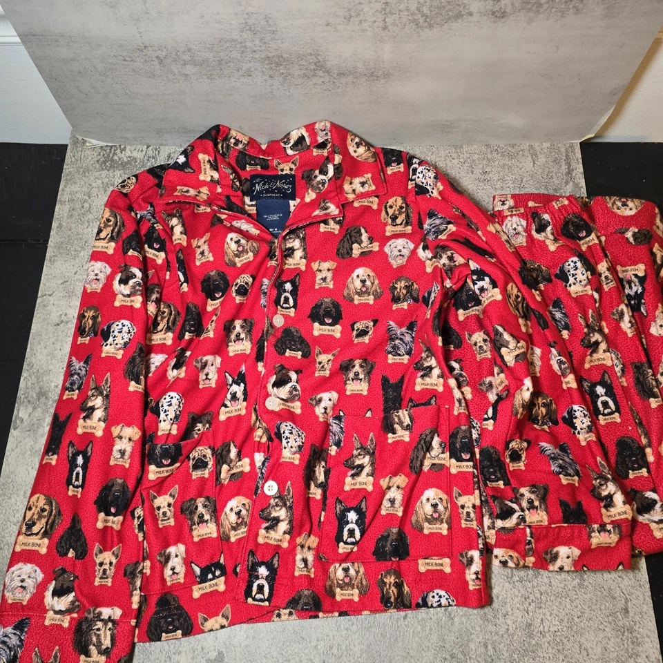 Conjunto de pijama Nick & Nora 2 peças calça e top vermelho osso de leite cachorros tamanho 8 médio  - Imagem 1 de 4