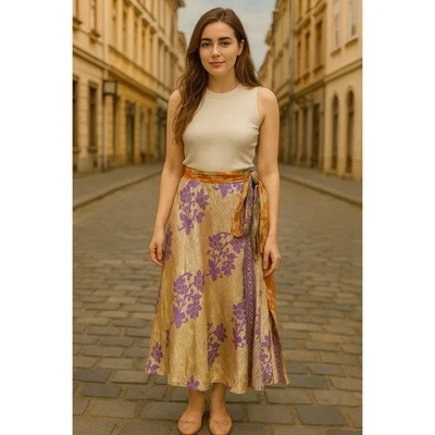 Ropa de arce falda envolvente de seda sari para mujer midi acampanada reversible corbata capas boho Foto 1 de 4