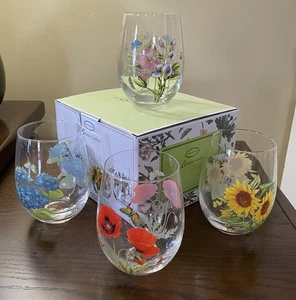 NEU UND VERPACKT Portmeirion stiellose Weingläser Botanischer Garten ~ 4er Set Blumen klar - Bild 1 von 14
