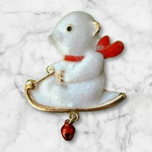 New Gold & Frosted Enamel Baby Polar Bear on Sled & Jingle Bell Christmas Pin - Picture 1 of 1