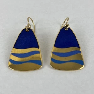 Pendientes Colgantes Isla de Skye Esmalte Azul Cobalto Tono Dorado Vintage Incrustaciones - Imagen 1 de 16