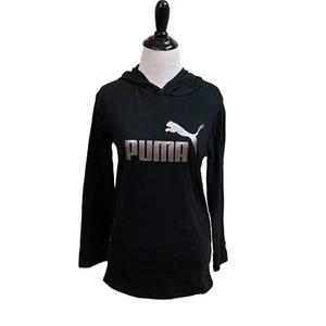 Puma Girl's L Large (14-16) T-Shirt with Hoodie Logo Print Silver Black Cotton - Picture 1 of 12