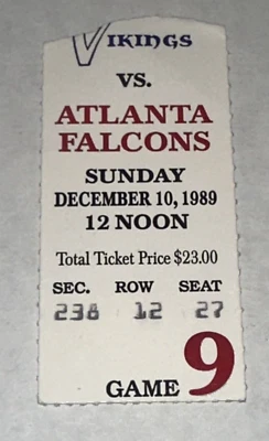 Vikings Falcons Ticket Stub Deion Sanders HOF Rookie RC NFL Atlanta 12/10/1989 - Image 1 of 2