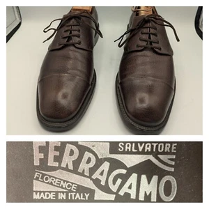 Men's Dress Shoes Oxford Derby Ferragamo Brown Pebble Leather Cap Toe 9.5D - Picture 1 of 14