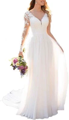 Elegant A-Line Wedding Dresses V-Neck Long Sleeves Lace Appliques Bridal Gowns - Image 1 of 4