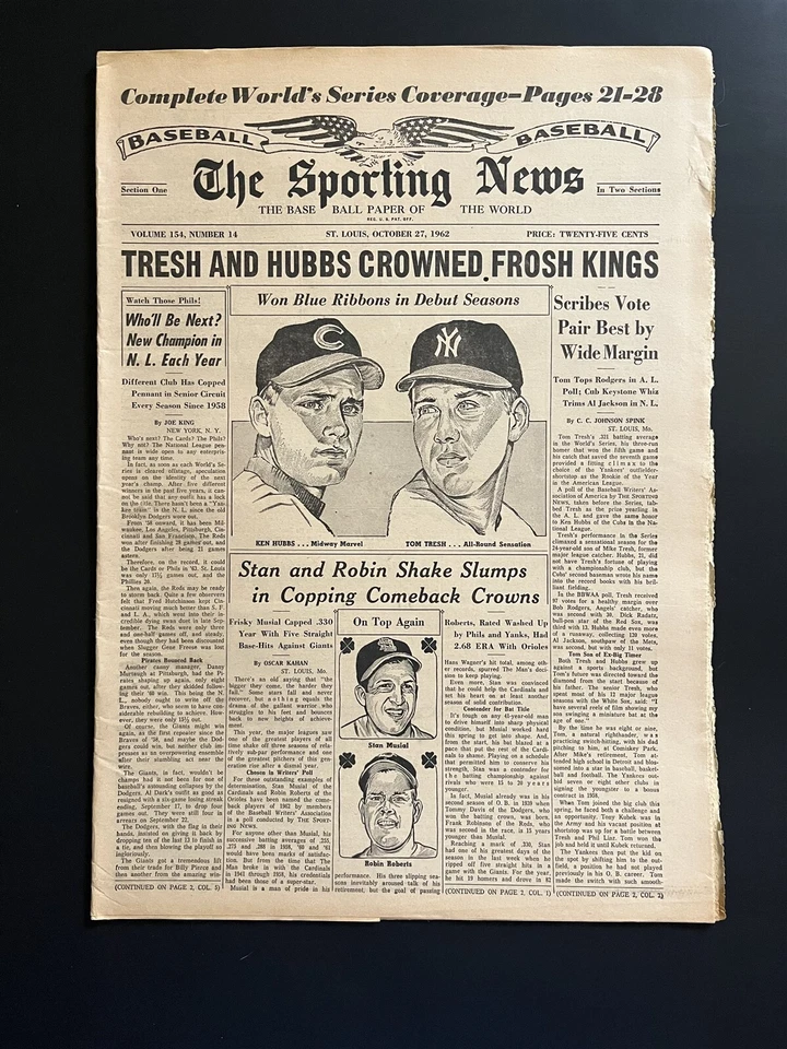 1962 Sporting News NEW YORK Yankees TOMMY TRESH Chicago Cubs KEN HUBBS Rookies - Image 1 of 1
