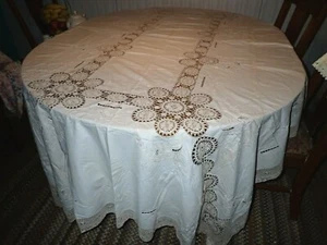 "Mantel de encaje de lino vintage insertos de encaje beige 65"" x 96" - Imagen 1 de 9
