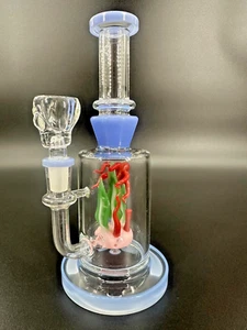 9"  Blue & red Recycler Glass Bong 14mm Bowl Water Pipes Hookah - Picture 1 of 16