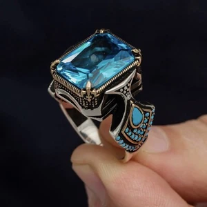Ring For Men Aquamarine Stone Solid Real 925 Sterling Silver Size 7-15 - Picture 1 of 6