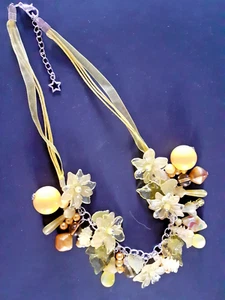 FLORAL NECKLACE STATEMENT LUCITE/GLASS BEADS ADJUSTABLE YELLOWS HAND THREADED - Picture 1 of 1