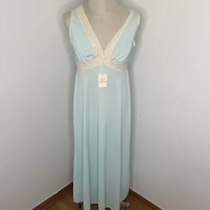 Vintage Vanity Fair Nylon Chiffon Nachthemd NEU Gr. 36 L grün blau spitze lang USA - Bild 1 von 9