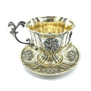 1860-1880 French Gilt 950 Silver 1st Standard Minerva Mark Cup & Saucer, Rococo - Picture 1 of 12