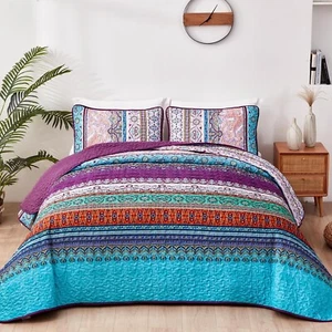 WONGS BEDDING Purple Quilt Set Twin Size, Bohemian Stripe 2 Pieces Bedspread ... - Picture 1 of 8