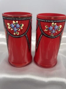 Pair Of Vintage Bohemian Red Tango Glass Vase Loetz Style Height 9.6cm - Picture 1 of 7