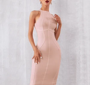 ¡NUEVO! VESTIDO DE DISEÑO DE ALTA COSTURA BEIGE DE CUELLO ALTO VENDAJE BAJO DETALLE DE BUSTO ELEGANTE - Imagen 1 de 7