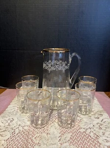 Vintage Wheel Cut Frosted Wreath And Bows Juice Set W/Pitcher And 6 Glasses - Picture 1 of 14