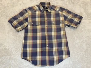 Vtg Willis Geiger Shirt Mens Medium Blue Brown Plaid Made In USA Pockets 80s - Picture 1 of 10