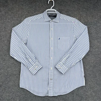 Nautica Button Up Shirt Men Medium White Blue Striped Long Sleeve Business Dress - Image 1 of 4