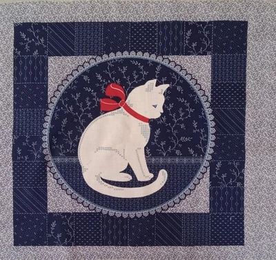 Vintage~"Kitty Cat w/Red Bow"~Dark Blue BG~Cotton Fabric Panel ~ 14.25"x14.75" - Image 1 of 3