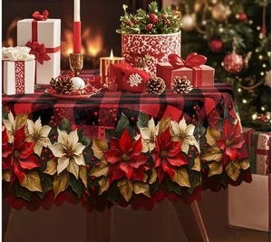 Tovaglia natalizia Poinsettia Holiday - design a quadri festivi - 3 misure a scelta - Foto 1 di 7