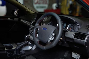 Retro Ford/FPV FG Falcon Steering Wheel Black Leather Red Stitch Flat Bottom - Picture 1 of 8