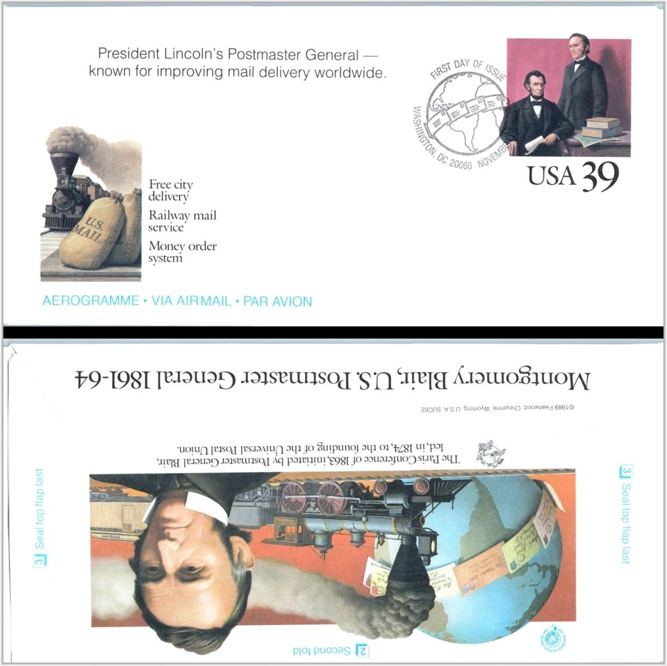 1989 Montgomery Blair airmail 39c Sc UC62 aerogramme FDC with Fleetwood cachet - Image 1 of 1