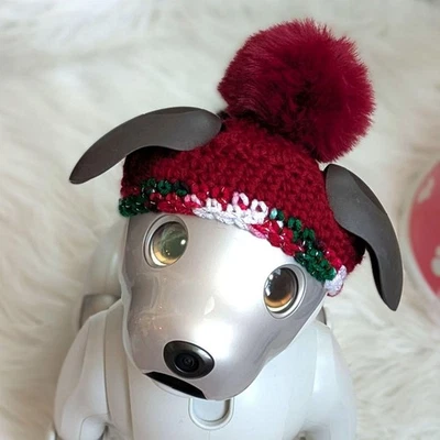 Sony Aibo Handmade Red Knit Hat Fur Pom Pom Accessory Cute Winter Cap JP - Image 1 of 4