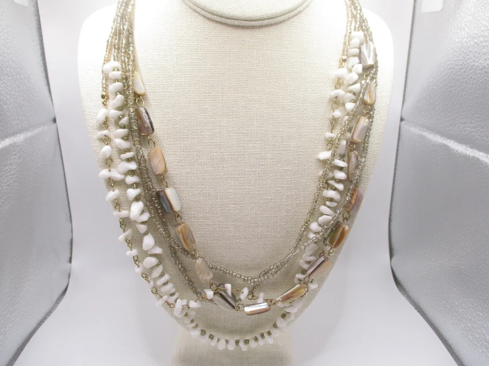 Glass Abalone Shell Statement Bib Necklace Seed Beads 0017 - Image 1 of 4