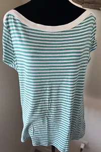 Chaps Women’s Teal/White Striped Cap Sleeve Blouse - Picture 1 of 9