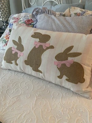 Burlap Bunny Patchwork Applique Decorative Pillow 18 “Pink & White Pinstripe - Image 1 of 4