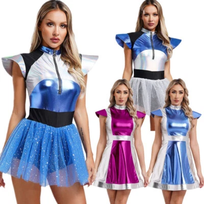 AGOKY Damen Metallic Alien Kleid Fasching Halloween Astronauten Kostüm Party Tanzkleid