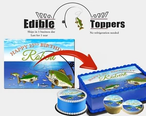 Bass fishing birthday Cake Top, cupcakes, cookies edible picture fisherman idea - Picture 1 of 3