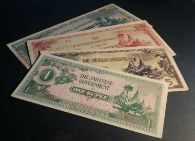 4x Japanese Occupation of Burma Myanmar WWII 1944 1 5 10 100 Rupees British Raj - Image 1 of 2