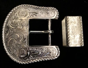 Antique Vintage 2 Piece Western Silver Tone Belt Buckle Set for 1" belt - Picture 1 of 8