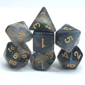 New 7 Piece Polyhedral Emerald Aurora Green Glitter Dice Set With Dice Bag D&D - Picture 1 of 3