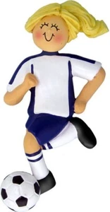 Fußballspielerin, weiblich, blond Ornament **PERSONALISIERT KOSTENLOS** (blaue Uniform) - Bild 1 von 1