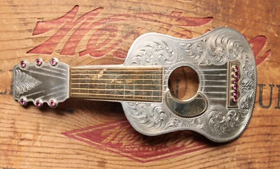 Vtg Carlos Silver Sterling Silver Hand Made Guitar Musician Western Belt Buckle - Image 1 of 4