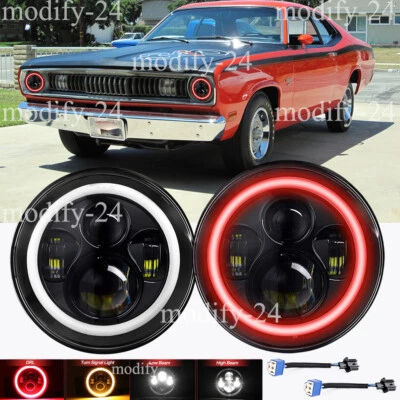 Fit Plymouth Duster 340 1970-1975 Red Halo 7" inch Round LED Headlights Hi/Lo H4 - Image 1 of 4