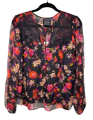 Johnny Was S Flora Silk Blouse Floral Chiffon Black Lace Long Sleeve Top $248 - Image 1 of 4