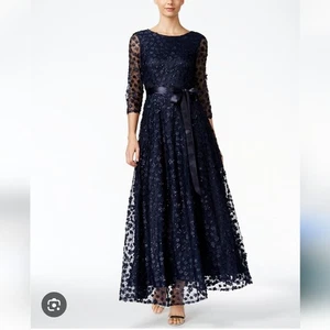 Tahari ASL Maxikleid mitternachtsblau Blumenapplikation 3/4-Ärmel Schärpe zum Binden Größe 8 - Bild 1 von 10