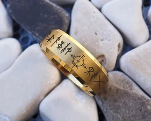 Gold Unisex Tungsten Viking Runes Norse Mythology Odin Nordic Wedding Ring - 8mm - Picture 1 of 3