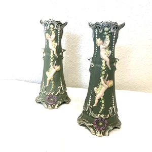 Lotto 2 Fiori Vintage Vite 6" Vaso Verde Salvia Biscotto Porcellana Timbrato 2619 11 - Foto 1 di 15