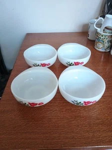 Vintage JAJ Pyrex JUNE ROSE Milk Glass Jockey Cap Cereal /Soup Bowls X 4 1960’s - Picture 1 of 6