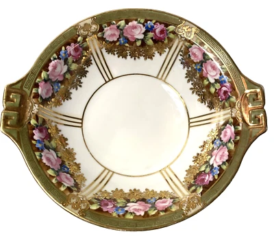 Nippon Antique Porcelain Bowl Pink Roses Ornate Gilded Gold Handles c1910 9” - Image 1 of 4