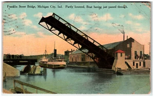Postcard Franklin Street Draw Bridge Michigan City, IN Large Boat Passing Throug - Picture 1 of 2