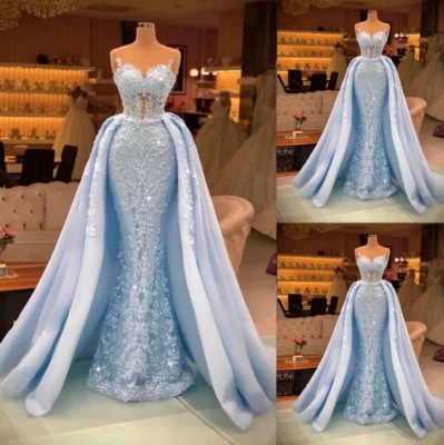 Sky Blue Mermaid Wedding Dress 3D Floral Appliques Strapless Beads Bridal Gowns - Image 1 of 4