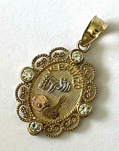 Mi Bautizo Pendant Oval Filigree Edge Charm RL 10K Tri Color Solid Gold Cz Stone - Picture 1 of 12